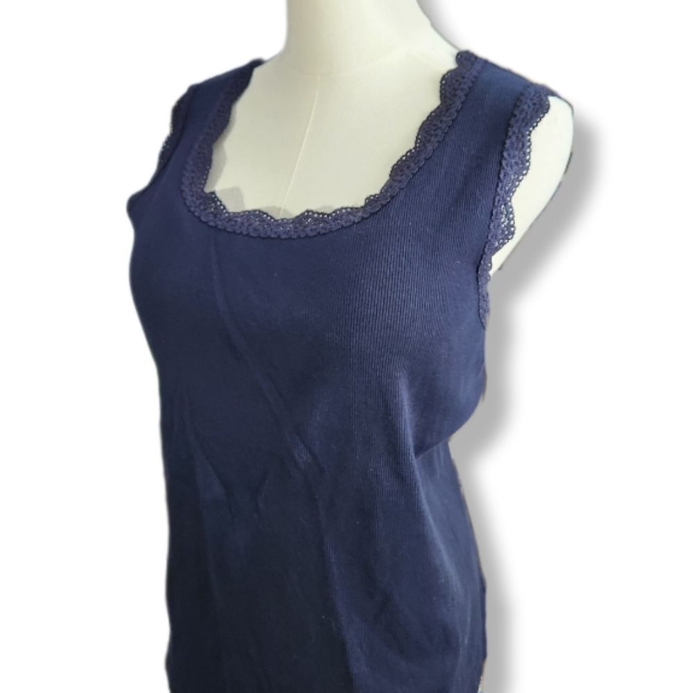 Talbots Woman Rib Knit Tank Top with Lace Detail in Navy Size 2X W-1042